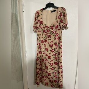 o.p.t. floral midi dress sweetheart neckline, puff sleeves, and a beige base 10